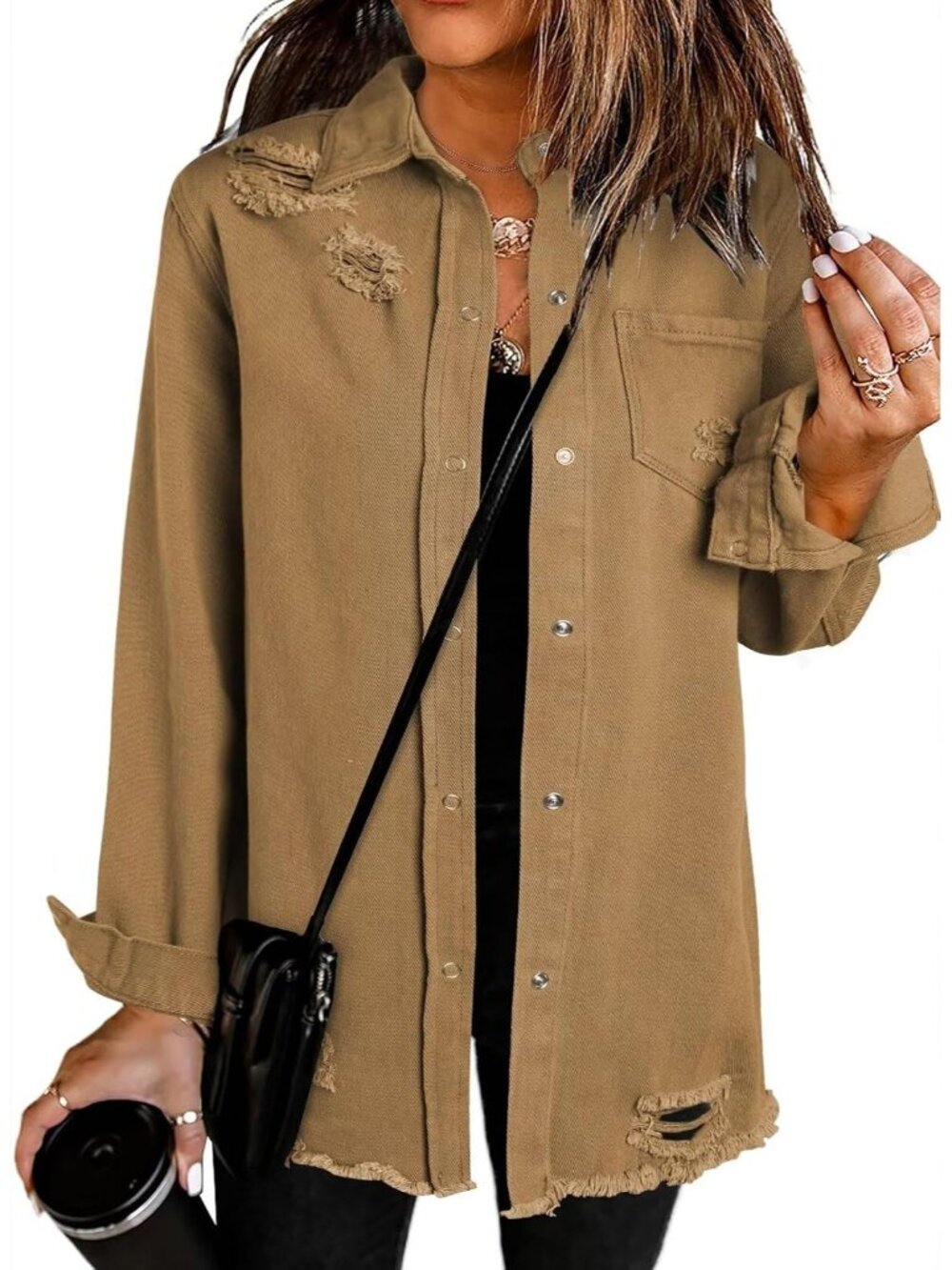 Womenโs Brown Oversized Distressed Boyfriend Button Down Jean Denim Jacket
